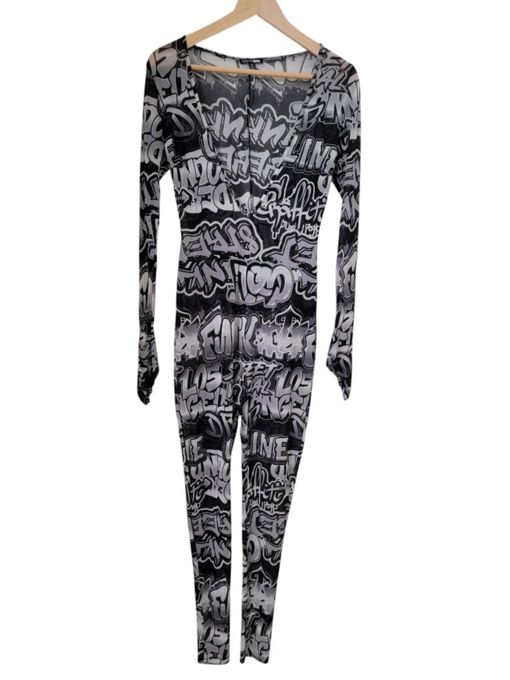 Fashion Nova Size M Black & White Graffiti Print Long Sleeve Mesh Bodysuit